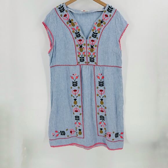 Boden Embroidered Striped Linen Bea Dress Knee Length Blue White Size 16L - Picture 2 of 12